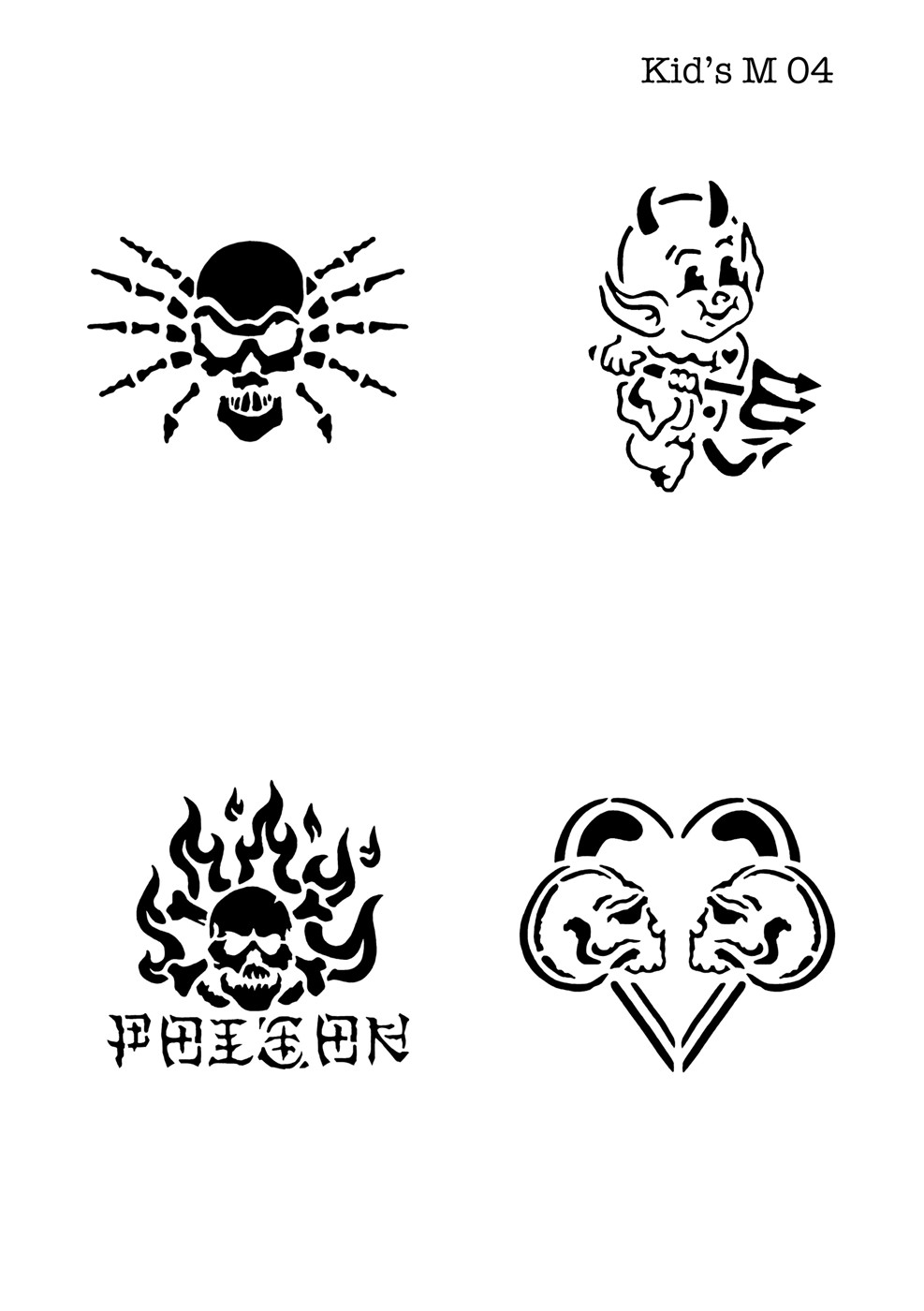 Kinder Airbrush Tattoo Schablonen Mylar TEUFEL, HERZ, TOTENKOPF